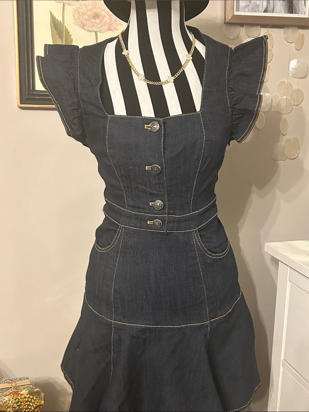 Adorable cinq à sept Dark Indigo Denim with Gold Topstitching and ruffle